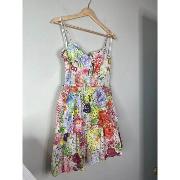 NEW Alice + Olivia Fina Smocked Eyelet Dawn Floral Mini Dress Multi Color Size 0 - Picture 3 of 7